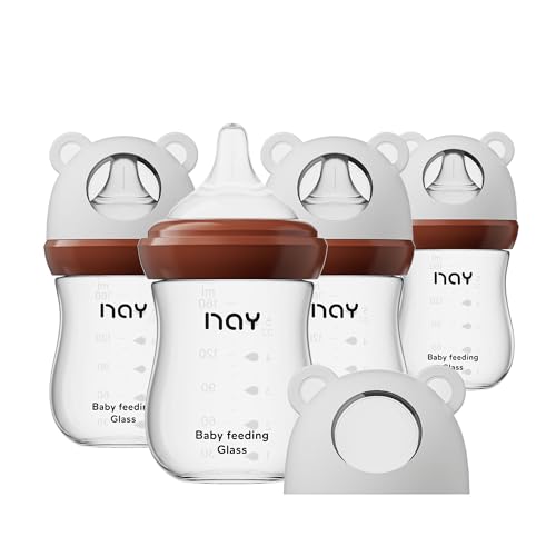 Image of yanyoyo Natural Glass Baby Bottle for Breastfeeding Babies, 5.4oz Anti-Colic Baby Bottle with Natural Response Nipple(S), Clear, Wide Neck, 4 Pack, 1 Months+