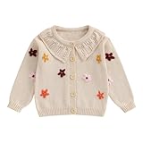Baby Girl Cardigan Sweater Infant Toddler Floral Embroidered Button Down Knit Sweaters Fall Winter Clothes (Khaki, 12-18 Months)