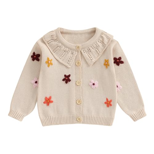 Baby Girl Cardigan Sweater Infant Toddler Floral Embroidered Button Down Knit Sweaters Fall Winter Clothes (Khaki, 2-3 Years)