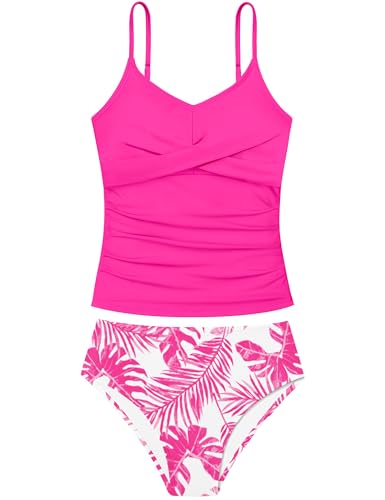 Image of Girls Swimsuit 2 Piece Bathing Suit Criss Cross Ruched Girl Tankini Sets Printed Girls' Swimwear for 9-18 Years