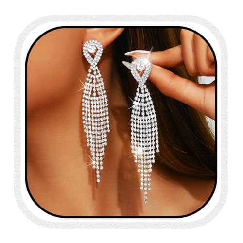 Unicra Long Tassel Rhinestone Earrings Silver Diamond Dangle Earrings Jewelry Sets Crystal Bridal Wedding Earrings Accessories for Women and Brides