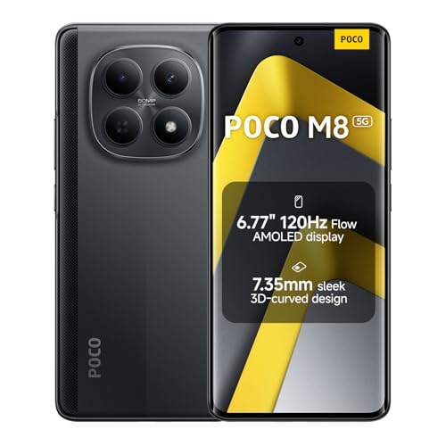 XIAOMI POCO M8, Smartphone 8+256GB, 6.77 120Hz FIoW AMOLED Display, Snapdragon® 6 Gen 3, 50MP AI Dual Camera System, 7.35mm Sleek 3D-Curved Design, Black, Charger Not Included