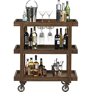 Vm decor wooden Bar Serving Cart Table Kitchen Wine Storage Cart with Wine Rack, Serving Trolley on Wheels for Home, Brown