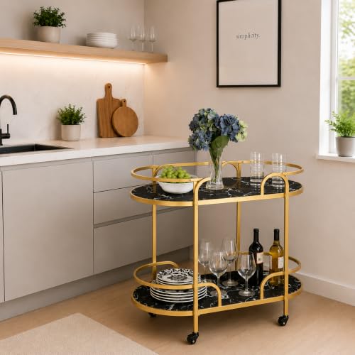Image of Modern 2-Tier Bar Cart with Marble Tops & Metal Frame - Rolling Serving Coffee Table with Wheels, Storage Shelf for Living Room, Kitchen & Dining Room (Golden Black)