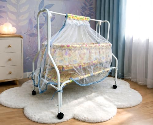 Image of Kiddery Diana | Cradle for Baby | New Improved Mattress Design | Mosquito Protection Net | Smooth Swing | All Wheel Lock | Palna | Jhula | Uyyala| 0-10 Months | Yellow