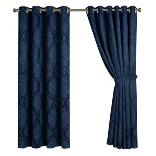Opulent Dreams Damask Print Room Darkening Curtains - Thermal Insulated Eyelet Top with Tiebacks - Energy Saving Bedroom Drapes, Set of 2 Panels (Navy, 66" x 72" (168 x 183 cm))