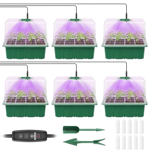 Pawfly 6 Pack Seed Starter Kit, 72 Cells, Seed Starter Trays with Adjustable Grow Lights & 3.9' Humidity Domes, Indoor Seedling Starter Trays, Reusable Plant Germination Trays, Seed Starting Trays