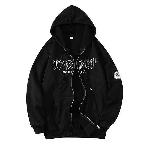Generisch Zip Jacke Herren - Zip Hoodie Herren Y2K Oversized Sweatjacke Mit Kapuze Reißverschluss Baggy Pullover Vintage Sweatshirt Jacke Hip Hop Sport Kapuzenjacke Streetwear Schwarz S