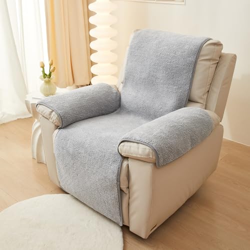 Image of ELEFOCUS Plush Sherpa Fleece Recliner Chair Cover，Soft Warm Sofa Slipcover,Washable for Reclining Sofa,Furniture Protector Non Slip (Light Grey, 22 inch)