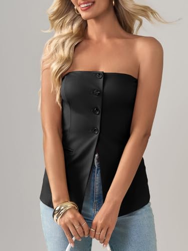Cicy Bell Womens Strapless Blazer Vest Summer Sleeveless Fitted Tube Tops Trendy Button Down Work Suit Tops3