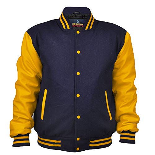 Image of Deckra Men's Varsity Jacket Genuine Leather Sleeve and Wool Blend Letterman Boys College Varsity Jackets XS-5XL