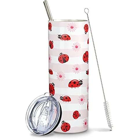 Mofvugz Ladybug Gifts for Women Girls, Cute Ladybugs Daisy Floral Tumbler Cup Coffee Travel Mug, Lady Bug Pink Metal Thermal Insulated Tumblers 20 Oz, Ladybug Decor Accessories Stuff, Kawaii Gifts Cover