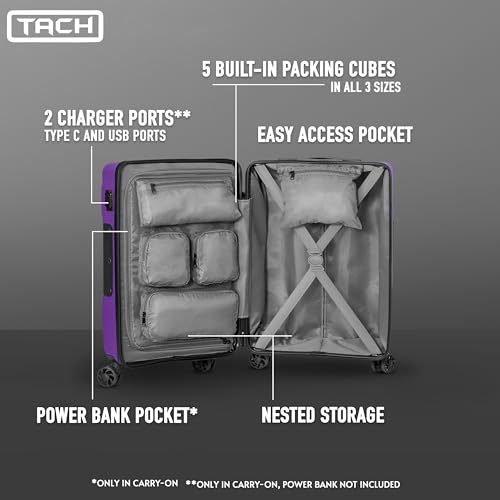 Tach V3.1 Hard Shell 3 Piece Luggage Set - 20, 24 & 28 inch Luggage | Carry On, Medium & Large Checked Suitcases | Patented Built-In Connecting System | Rolling Suitcase Links 9 Bags (Purple)3
