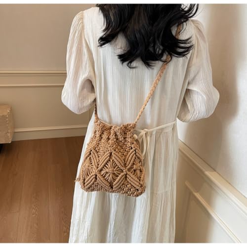 Small Crochet Crossbody Bags for Women Boho Cotton Clutch Purses Hand-Woven Beach Purse Shoulder Bag with Drawstring4