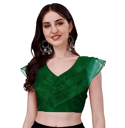 Image of Pujia Mills Women's V Neck Orgenza Three Layer Ruffle Sleeve Frill Readymade Saree Blouse