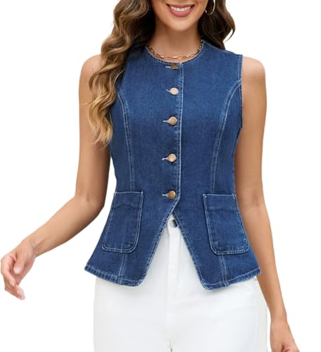 Ladyful Womens Denim Vest Top Sleeveless Jean vest Button Down Western Denim Waistcoat Suit Top