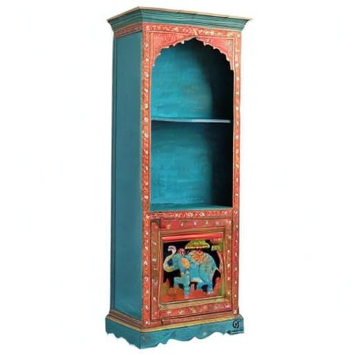 Image of Wood Elephant Flower Painted Bookshelf Corner Home Decor Book Stand Self Wood Book Storage Stand Fine Work Painted Furniture