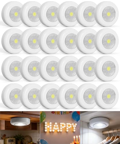 Image of Tap Light Push Lights, 24-Pack Small Bright LED Puck Light Touch Night Lights Battery Operated Stick on Light for Closet Kitchen Cabinet Classroom DIY Letter Lights Holiday Party Decorations