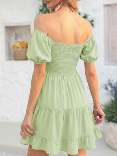 Image of Veatzaer Women's Puff Sleeve Square Neck Smocked Babydoll Dress Boho Floral Print Off Shoulder Ruffle Mini Short Dress