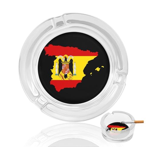 Cenicero redondo de cristal con diseño de la bandera de España, cenicero decorativo para cigarros y puros con 3 ranuras para interior y exterior