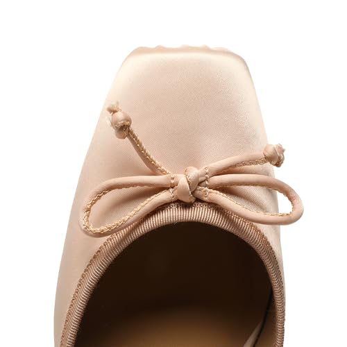 Image of Riekhany Satin Ballet Heels for Women Closed Square Toe Bow Ballerina Heels Lace Up High Heel Slingback Pumps Strappy Stiletto Mary Janes Elegant Party Shoes