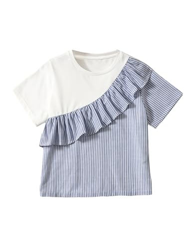 Image of OYOANGLE Girl's Colorblock Striped Print Ruffle Trim Short Sleeve T Shirts Round Neck Casual Shirt Tops Blue and White 8Y