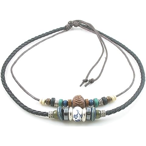 Ancient Tribe Adjustable Hemp Black Leather Wood Beads Choker Necklace,16 Inches Cover