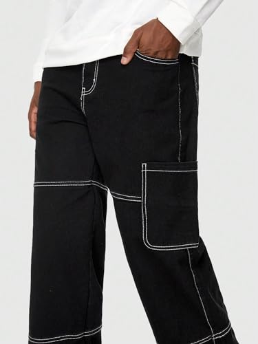Image of Men's Straight Fit Denim Cargo Pants - Casual Multi-Pocket Work Jeans