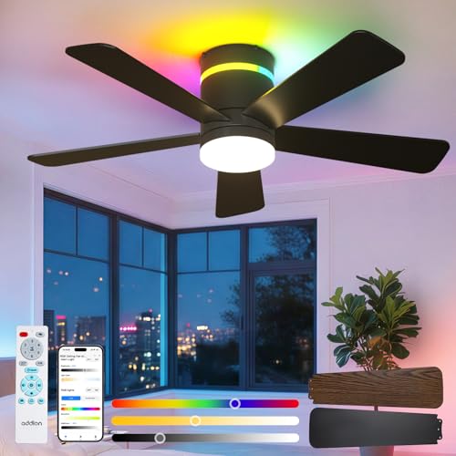 Image of addlon RGB Ceiling Fans with Light, 42'' Low Profile Flush Mount Small Ceiling Fan, Remote Control /APP Control, Reversible, Sleek Modern Fan for Bedroom, Living Room, Kids Room, Indoor /Outdoor, Black