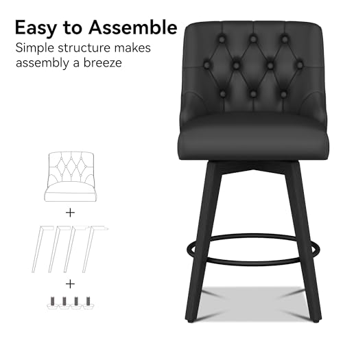 Image of Counter Height Bar Stool, 26.8 inchH Swivel Leather Barstool with Back and Solid Wood Legs, Counter Height Stool for Kitchen Island, Home Bar Pub, Black Grey