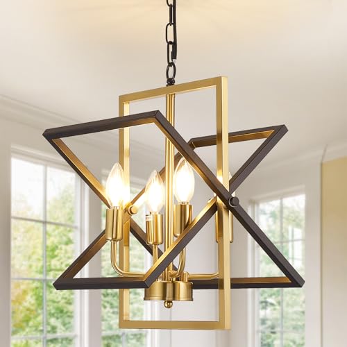 WJShome 4-Light Black and Gold Chandelier, Farmhouse Dining Room Light Fixture/Chandelier Over...