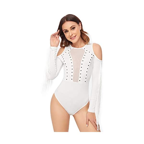 SweatyRocks-Womens-Cold-Shoulder-Fringe-Long-Sleeve-Sheer-Mesh-Jumpsuit-Bodysuit SweatyRocks Women's Cold Shoulder Fringe Long Sleeve Sheer Mesh Jumpsuit Bodysuit White X-Small
