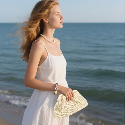Image of Straw Clutch Purses - Straw Crossbody Bags for Women Woven Purse Beach Handbags Cloud Dumpling Pouch
