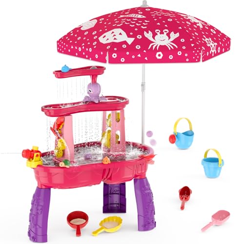 Image of HYES Water Table for Toddlers 3-5, 3-Tier Kids Splash Sand Table Water Toys with Umbrella, Rain Showers Splash Pond for Outdoor Beach Backyard Summer, Activity Sensory Playset for Boys Girls, Pink