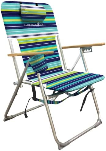 Caribbean Joe Folding Beach Chair, 4 Position Portable Backpack Foldable Camping Chair with Headrest, Cup Holder, and Wooden Armrests, Blue and Lime Stripe