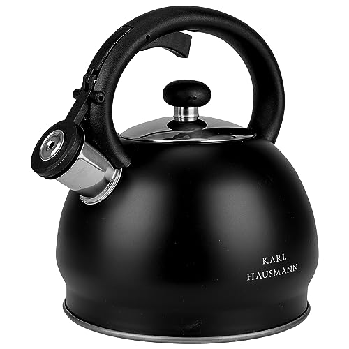 KARL HAUSMANN Wasserkessel Induktion - 1.8L - Schwarz Teekessel mit Automatischer Pfiff - Edelstahl Wasserkocher für Induktionsherd, Gasherd und Elektroherd - Pfeifkessel - Teekanne - Flötenkessel