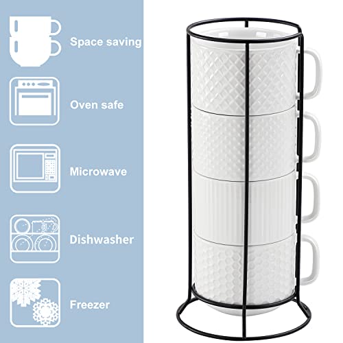 Buyajuju Porcelain Stackable Coffee Mugs Set Of 4 With Metal Stand, 13 Ounce Stackable Different Embossment Coffee Cup Holder For Coffee, Tea, Cocoa, Drinks, White #TOP2