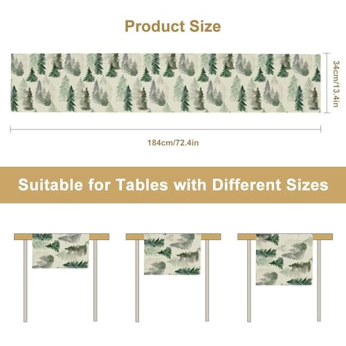 Image of Green Forest Tree Table Runner Watercolor Fantasy Magical Woodland Landscape Nature Botancial for Tabletop Party Holiday 13x72 inch