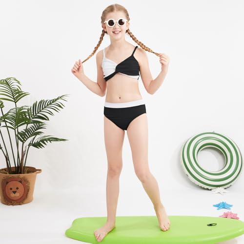 Weixinbuy Girls' Swimsuit Kid Two-Piece V-Neck Bikini Set Spaghetti Strap Twist Cross Bathing Suit Swimwear Size 13-14 White and Black3