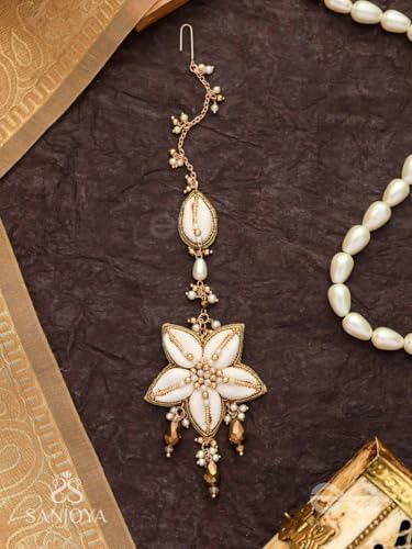 Image of SANJOYA by EVERSTYLISH Embroidered Maangtika for Women | Shell, Beads & Glass Drop Statement Headpiece | Ethnic Jewelry for Weddings, Festivals & Special Occasions
