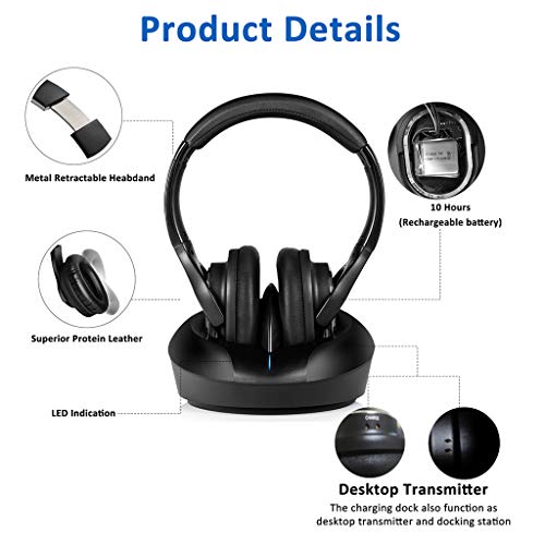 Zanchie Wireless Tv Headphones Over Ear Headsets-Rf Transmitter Charging Dock, Hi-Fi Stereo Cordless Headphones For Tv, Adjustable Lightweight Rechargeable 10Hrs Battery For Hard Of Hearing, 330Ft #TOP4