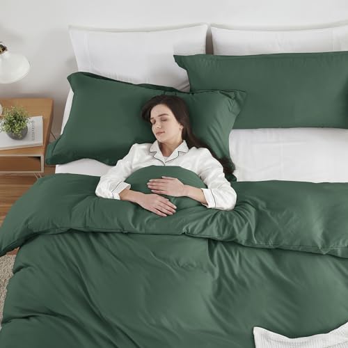 Image of Hearth & Harbor Dark Green Duvet Cover King Size, 3 Piece Bedding Set | Soft Double Brushed Bedding Set, Button Closure, 1 Duvet Cover 104x90 Inches, 2 Pillow Shams