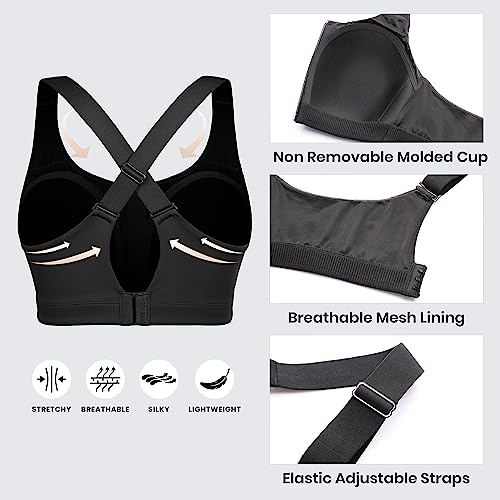 CRZ YOGA Womens Zip Front High Impact Sports Bra - Molded Cup Adjustable Convertible Straps Wireless Workout Yoga Crop Top Black 34DD