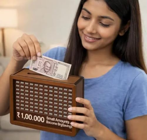 Image of Sevaansh Wooden Money Saving Box 100000 Challenge |Wooden Piggy Bank for Adults & Kids | Money Goal Tracker Box | Home Savings Organizer Gift SE Money Bank 91
