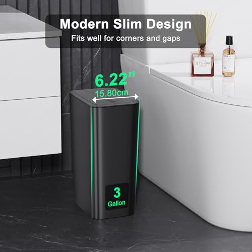 n netdot 3 pack small trash can with lid 3 gallon bathroom trash cangarbage can slim trash bin waste basket for bathroomkitchenbedroomliving roomofficelaundry - black
