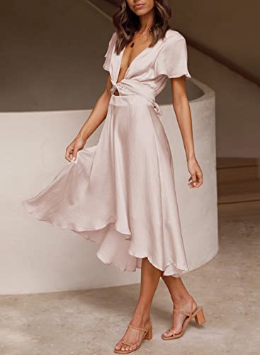 Image of miduo Womens Satin V Neck Ruffle Short Sleeve Tie Front High Waist Midi A-Line Maxi Dresses