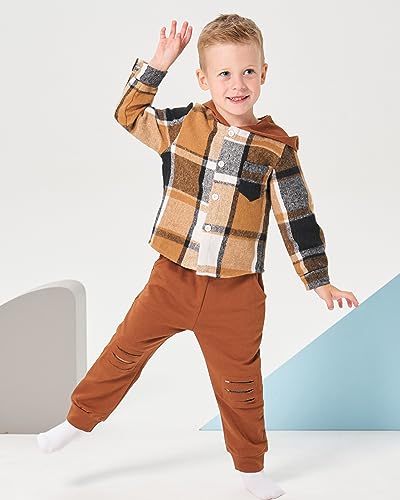 Image of Renotemy Toddler Baby Boy Clothes Winter Hoodie Flannel Boys Outfits 12M-4T | Toddler Boys Outfits,Fall Winter Long Sleeve Hoodie Sweatshirt Clothes Set,Infant Boys Flannel Plaid Top Ripped Pants Set