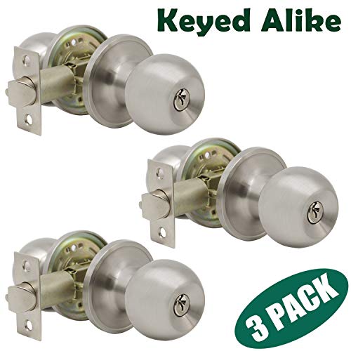 Probrico Satin Nickel One Keyway Ball Door Knobs Entry Lock with Keys, 3