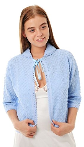 femmes tricoté traditionnel devant Cravate lit veste bolero style ¾ longueur manches Tailles 8-10, 12-14, 16-18, 20-22, 24-26 - Bleu, XXOS (24-26)