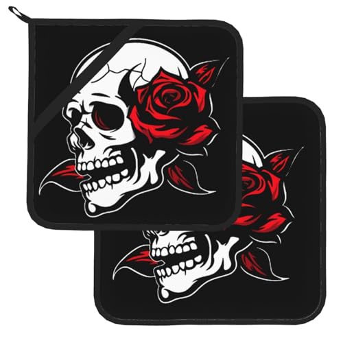 2Pcs Red Rose Skull Pot Holders for Kitchen Clearance Heat Resistant Hot Pads for Cooking Baking Grilling